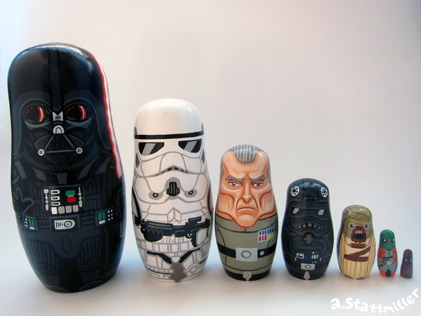 Hand painted Star Wars nesting dolls by Andy Stattmiller.