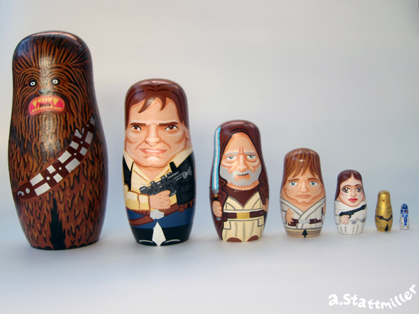 Hand painted Star Wars nesting dolls by Andy Stattmiller.