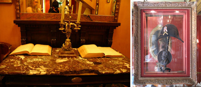 Left: Voltaire's marble top desk. Source Right: One of Napoleon’s hats is on display at Le Procope. Source