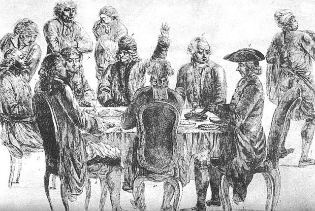 At cafe Procope-at rear from left to right-Condorcet, La Harpe, Voltaire and Diderot. Source