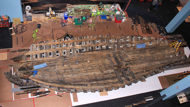 The ongoing reconstruction of the French ship La Belle at the Bullock Texas State History Museum in Austin, Texas, United States. Source