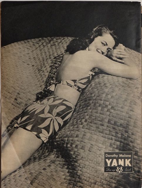 Dorothy Malone pin-up from Yank, The Army Weekly, April 13, 1945 Source