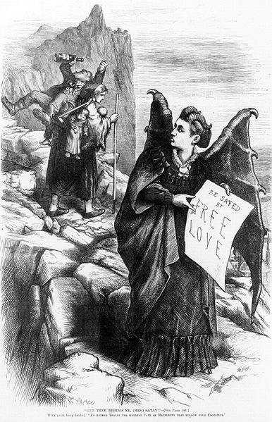 Get thee behind me, (Mrs.) Satan! 1872 caricature by Thomas Nast - Wife, carrying heavy burden of children and drunk husband, admonishing (Mrs.) Satan (Victoria Woodhull)