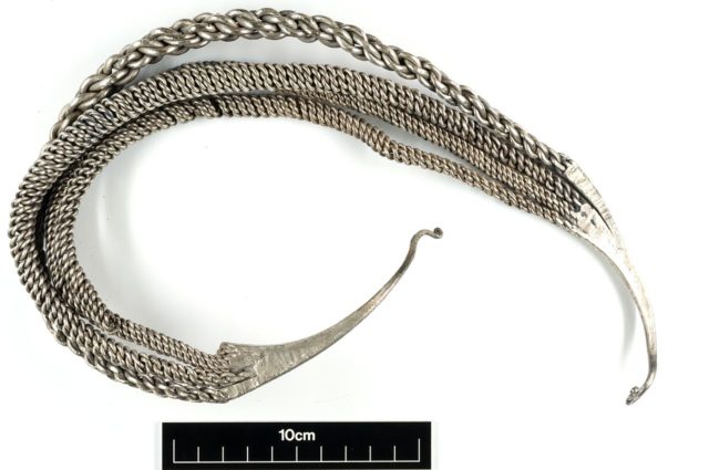 Large silver neck-ring from the Bedale hoard. This is a unique example of this type. Source