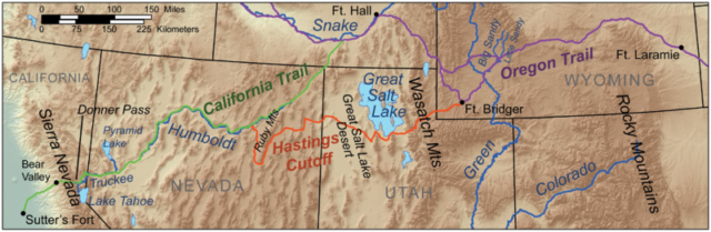 Map of the route taken by the Donner Party, showing Hastings Cutoff—which added 150 miles (240 km) to their travels—in orange.