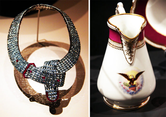 Silver and ruby Art Deco necklace and Lincoln White House pitcher 1861