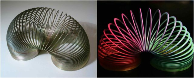 Left photo - Metal Slinky. Source, Right photo - Rainbow Slinky. Source