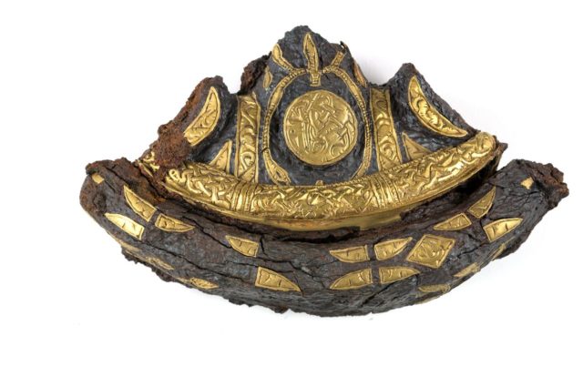 Sword pommel from the Bedale hoard, inlaid with gold foil.Source