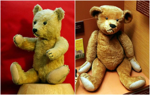 Left photo - A German teddy bear from around 1954. Source, Right photo - Teddy bear early 1900s in the Smithsonian Museum of Natural History. Source