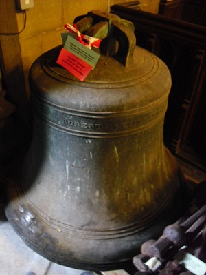 The Robert Stainbank tenor bell from Todmorden Unitarian Church, West Yorkshire, during overhaul in 2014. The bell was cast in 1868.Source