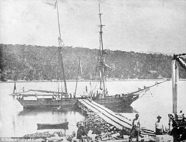 The original Zephyr resembled the brig Swordfish (built 1850) photographed here picking up cargo on Tasmania's East Coast.Source State Library of Victoria