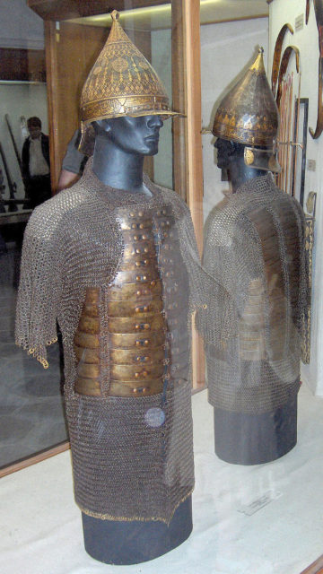 Turkish conical helmets and body armour of 15th to early 16th century, displayed at Topkapı Palace, Istanbul, Turkey. Source