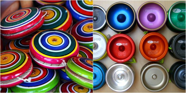 Left photo - After the yo-yo was introduced to the United States, it spread to Mexico—a pile of hand made wood Mexican yo-yos is pictured. Source, Right photo - Modern yoyos 