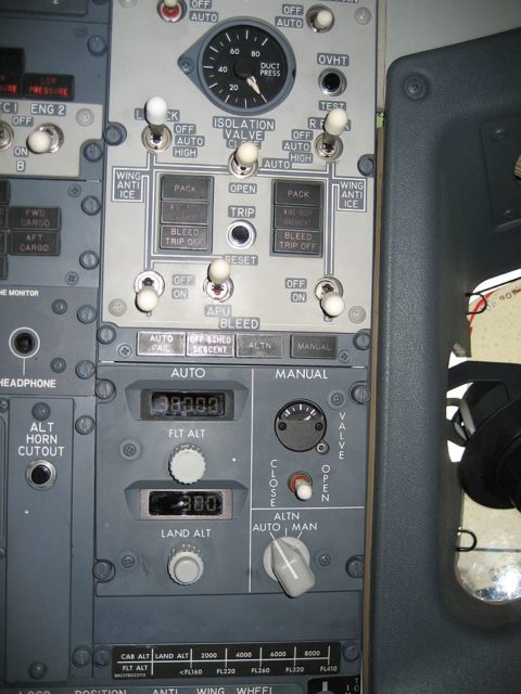 Cabin Pressure and Bleed Air Control Panels on a Boeing 737-800. Source