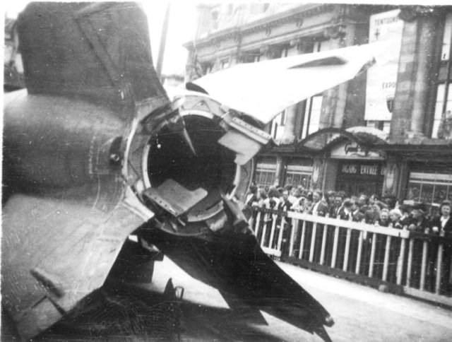 V-2 on a public display in 1945 in Antwerp, Belgium. Source