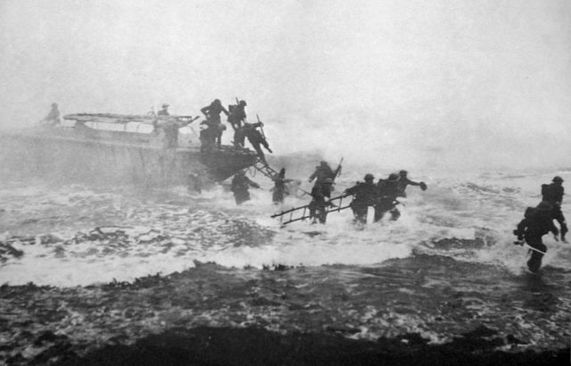 Jack Churchill (far right) leads a training exercise, sword in hand. Source