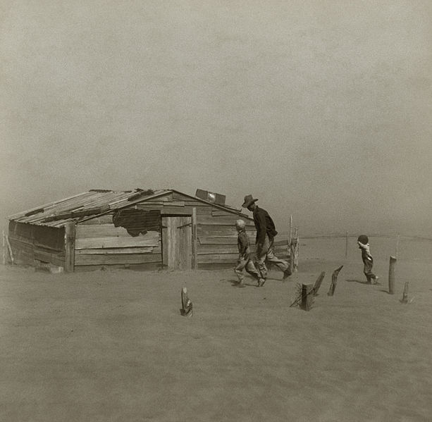 A farmer and his two sons during a dust storm in Cimarron County, Oklahoma, 1936