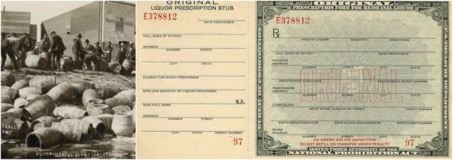 Left photo - A police raid confiscating illegal alcohol. Source, Right photo - Prescription form for medicinal liquor. Source