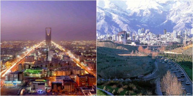 Left photo - Skyline of Riyadh. By Muhaidib at the English language Wikipedia, CC BY-SA 3.0, https://commons.wikimedia.org/w/index.php?curid=1790179, Right photo - Teheran. Wikipedia/Public Domain