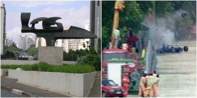 Left photo - Monument to Ayrton Senna, Melinda Garcia's work, installed at the entrance of the tunnel under Ibirapuera Park, São Paulo, Brazil. Source, Right photo - Senna's fatal accident just after the moment of impact at the Tamburello corner of the Imola circuit. Source
