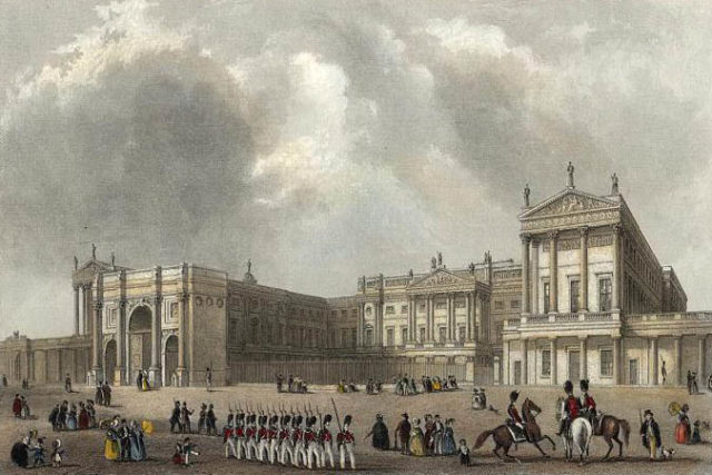 Buckingham Palace c. 1837 with the Marble Arch in its original position. Source Wikipedia Public Domain