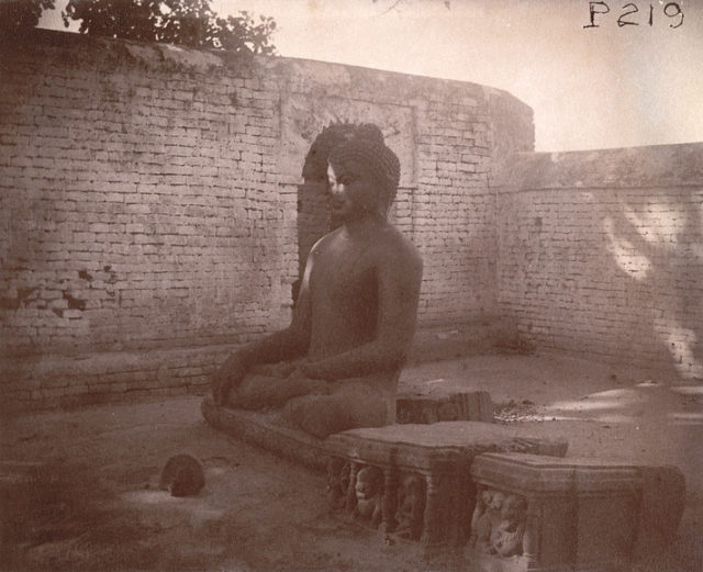 Photograph of a statue of Buddha from Nalanda, in Bihar, taken by Alexander Caddy in 1895. Source:Wikipedia/public domain