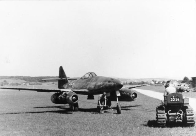 The Messerschmitt Me 262A fighter plane, powered by jet engines. Source