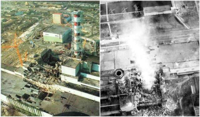 Left photo - The nuclear reactor after the disaster. Reactor 4 (center). Turbine building (lower left). Reactor 3 (center right). Source, Right photo - Aerial view of the damaged core on 3 May 1986. Roof of the turbine hall is damaged (image center). Roof of the adjacent reactor 3 (image lower left) shows minor fire damage. Source