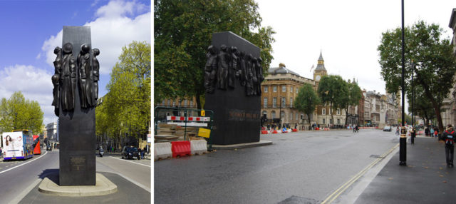 Dark monument with bronze reliefs of servicewomen's clothing and protective costumes, appearing as if they have been hung up at the end of a working day. Source1 Source2