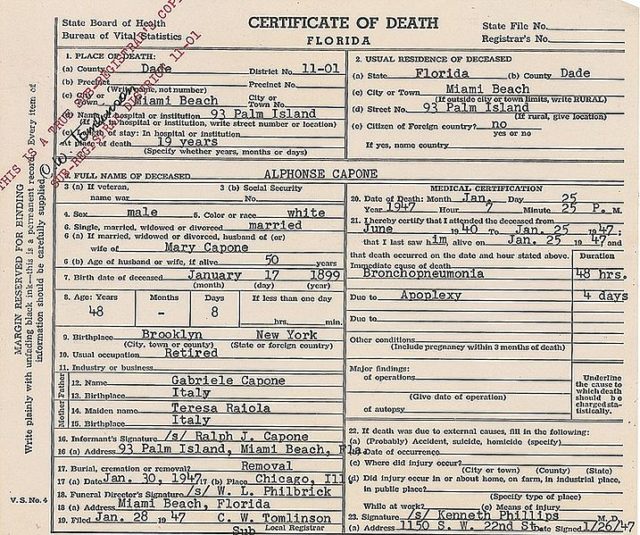Death certificate of Al Capone