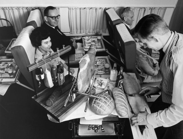 First class meal service aboard a DC-8.