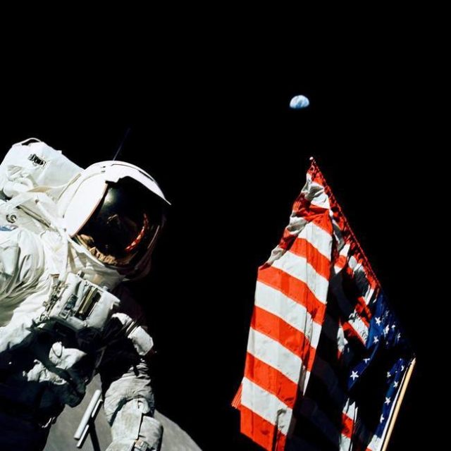 Harrison H Schmitt, a member of the Apollo 17 mission, poses in front of Earth.