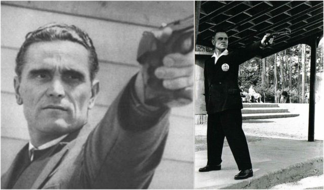 Left photo - Karoly Takacs at Melbourne. Source, Right photo - Takács shooting on Poland-Hungary-Yugoslavia competition in Bydgoszcz, Poland in 1961. Source