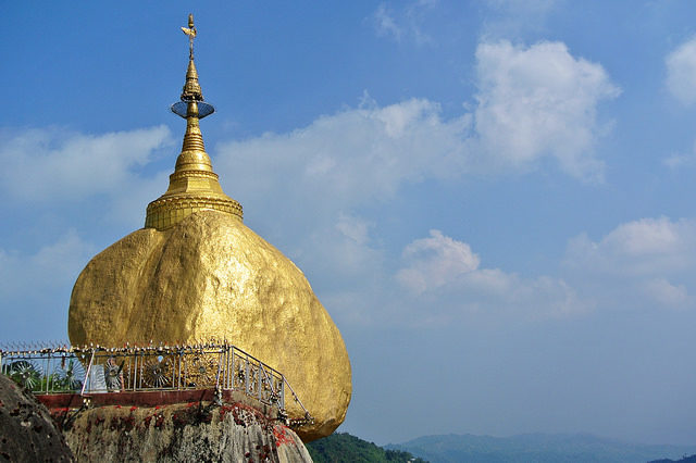 Kyaiktiyo PAgoda is located in a town of the same name, 180km east of Yangon in Burma. James Antrobus.Flickr. CC BY 2.0