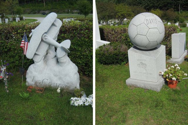 Left - Gravestone of a pilot. By Mfwills/CC BY-SA 3.0 Right -Gravestone of a 13-year-old soccer enthusiast. By Mfwills/CC BY-SA 3.0