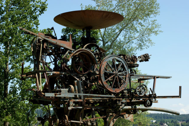 Made from everyday objects like scrap metal and junk. Source