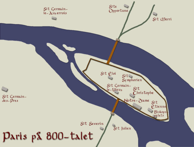 Map of Paris in the 9th century. The city was concentrated on Île de la Cité, an island on the Seine. .Source