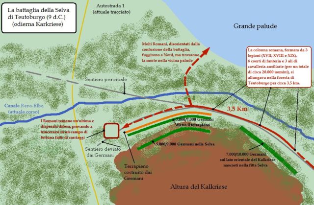 Map showing the defeat of Varus in the Teutoburg Forest