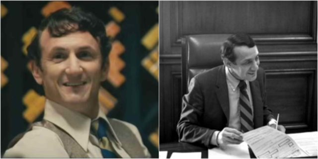 Left photo - Sean Penn playing Harvey Milk in "Milk". Source: YouTube. Right photo - Harvey Milk. By Harvey Milk in 1978 at Mayor Moscone's Desk.jpg: Daniel Nicolettaderivative work: Hekerui (talk) - Harvey Milk in 1978 at Mayor Moscone's Desk.jpg, CC BY-SA 4.0, https://commons.wikimedia.org/w/index.php?curid=7593361