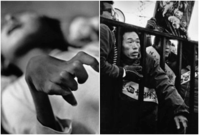 Left photo - The crippled hand of a Minamata disease victim. Source, Right photo - Protestors at the gates of the Chisso factory. Source