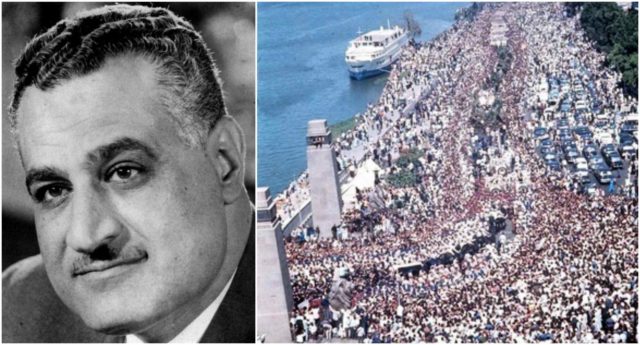 Left photo - Gamal Abdel Nasser. Source, Right photo - Nasser's funeral procession attended by five million mourners in Cairo, 1 October 1970