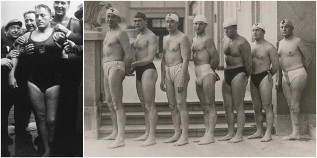 Left photo - Olivér Halassy at the 1931 European Championships. Source, Right photo - Olympic gold medalist hungarian water polo team (1932, Los Angeles). Source