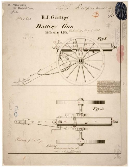Patent drawing for R.J. Gatling's battery gun , 9 May 1865.Source