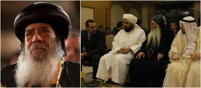 Left photo - Pope Shenouda III. Source, Right photo - The funeral of Pope Shenouda III was attended by religious figures in the Arab world. Shown in this image are, from the left, Moez Masoud and Habib Ali al-Jifri. Source