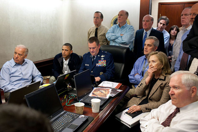 President Obama and his national security team in the White House Situation Room.