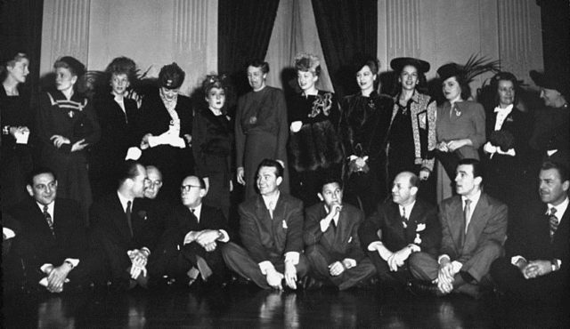 Standing (left to right) Joan Fontaine, Martha Scott, Mary Martin, Virginia Field, Mary Pickford, Eleanor Roosevelt, Lucille Ball, Maria Montez, Jinx Falkenburg, Jeanne Cagney, Lily Pons, Patricia Collinge. Source