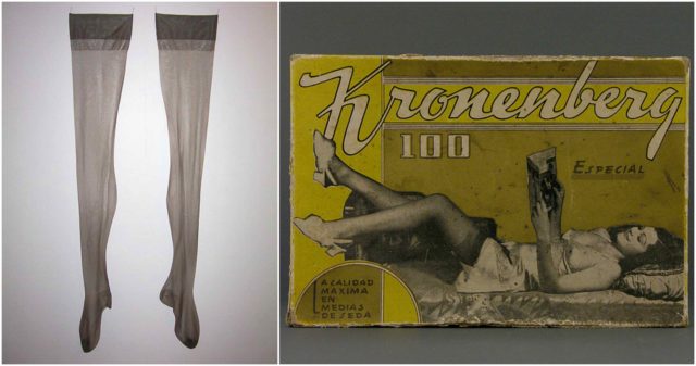 Left photo - A pair of dark grey nylon stockings. Source, Right photo - Kronenberg brand stocking from mid 20th century. Source