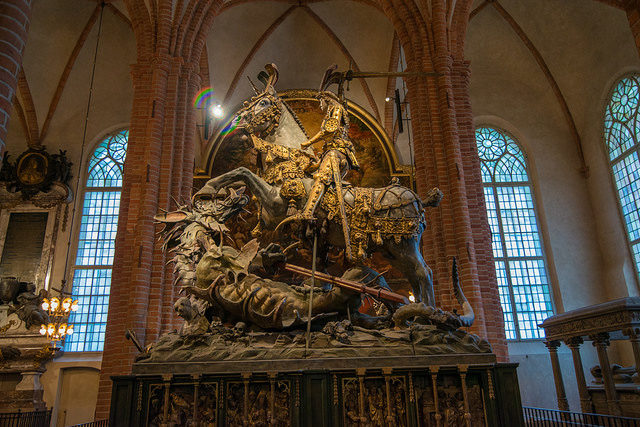 The 11-foot (3-meter) tall Statue of St George slaying the dragon. It was made by Berndt Notke of Lubeck, from materials that included oak and elk antlers, way back in the late 1400s. Source