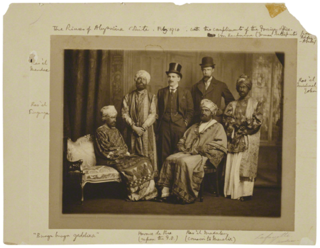 The Dreadnought Hoaxers in Abyssinian regalia; Cole is third from left.