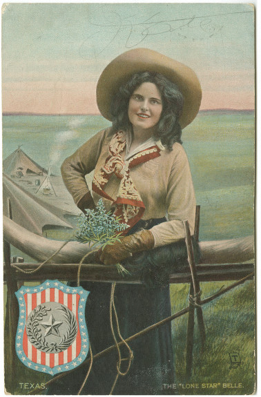 A cowgirl from Texas. Notice the gloves and the flowers.